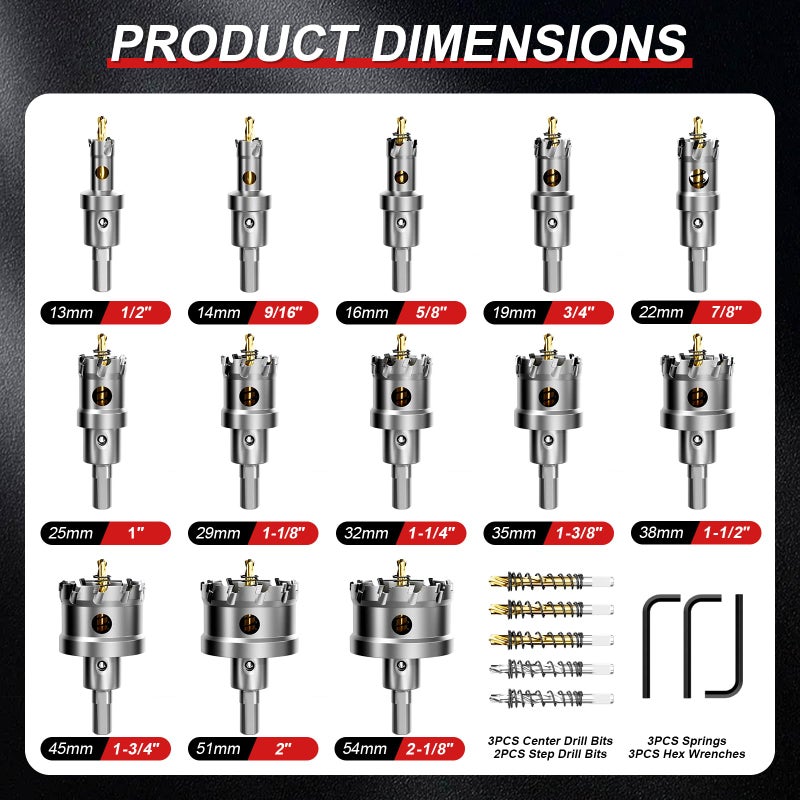 REKCKRUL طقم مناشير ثقوب TCT كربيد REKCKRUL مكون من 21 قطعة للمعادن (من 1/2" إلى 2-1/8") - مجموعة مثاقب ثقوب ثقيلة مع 2 طيار تيتانيوم/خطوة ومفتاح L، تقطع الفولاذ المقاوم للصدأ، الحديد، الألمنيوم، الخشب، البلاستيك - Image 3