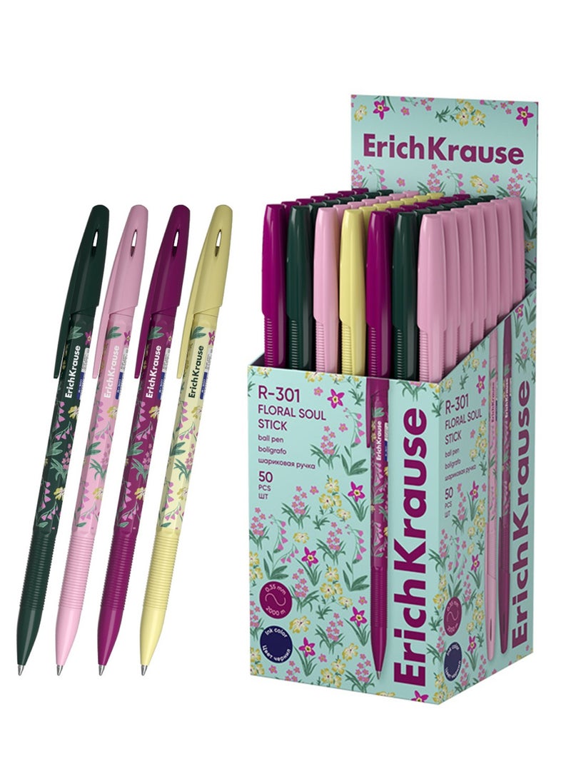 ErichKrause 50-Piece Floral Soul Stick Ballpoint Pen 0.7mm Tip Blue Ink - Image 1