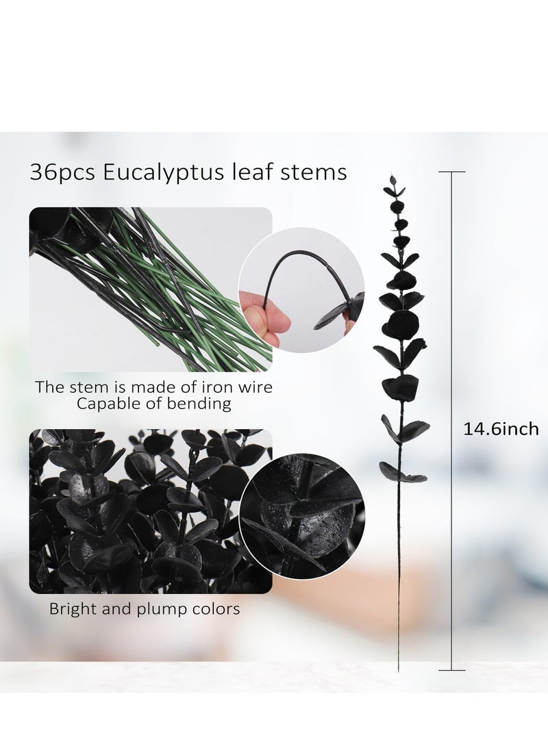 Mordely 24Pcs Black Eucalyptus Leaves Stems Artificial Eucalyptuses Leaf Branches for Halloween Picks Autumn Fall Floral Arrangement Wedding Centerpiece Flower Bouquet Home Office Decoration  - Image 4