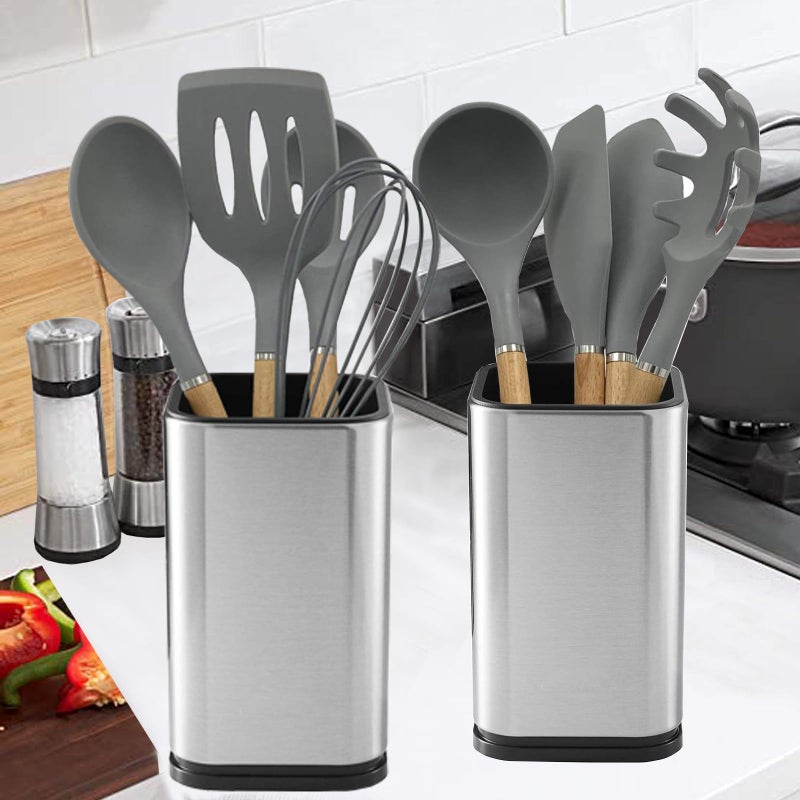 WSKC 2PC Stainless Steel Kitchen Utensil Holder Caddy  Square Utensil Organizer  4L X 4W X 6.7H - Image 3