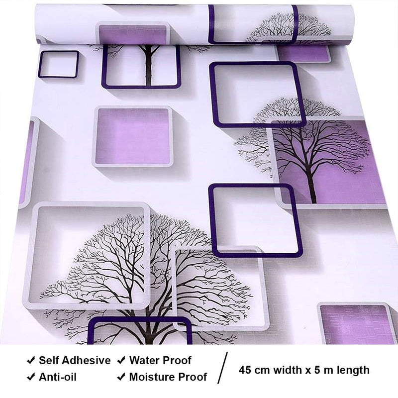 wolpin Wall Stickers DIY Wallpaper (45 x 500 cm) 3D Frames and Trees Self Adhesive Decals Living Room Home Interior Decoration, Peppy Purple - Image 3