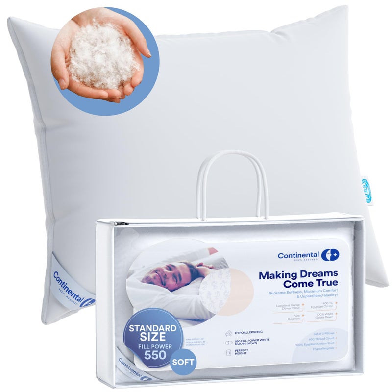 Continental Bedding Continental Bedding  Harmony White Down Pillow  550 Fill Power  400 Thread Count Cotton Cover  Made in USA  Soft Standard Pack of 1 