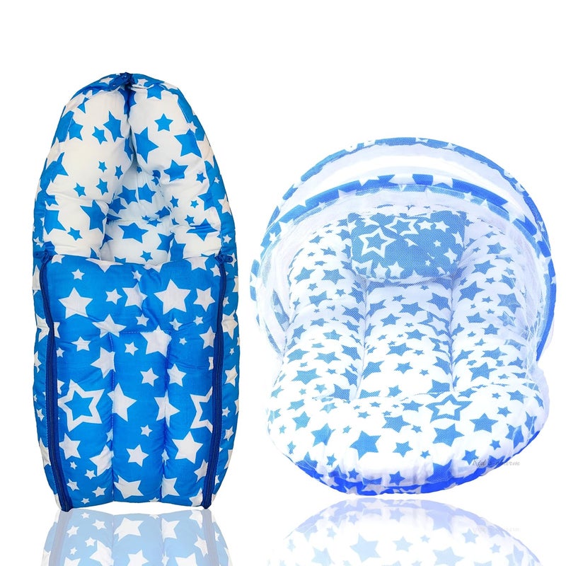 Kid's Charm Kids Charm Multi Star 2 PCS Combo Set 3 in 1 Babys Cotton Cum Carry Bed2 in 1 Babys Cotton Bed with Mosquito Net for 48 Months Blue - Image 1