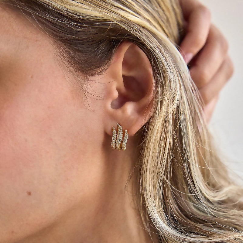 Obidos 14K Gold Plated Illusion Stud Earrings for Women | Triple Huggie Hoop Earrings for One Hole| Trendy Simple Hypoallergenic Fashion Accessories Gold Jewelry Gifts for Womens (Illusion Stud Earrings-Yellow Gold) - Image 2