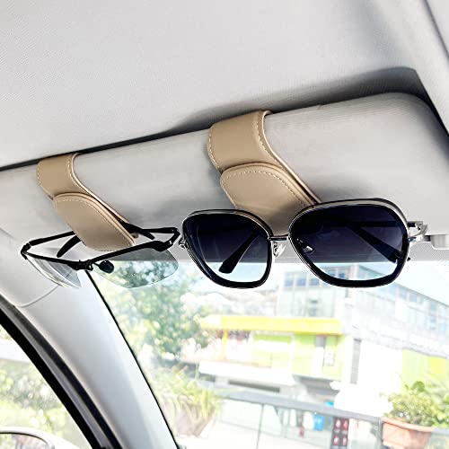 CMWWYFC 2Pcs Sunglass Holder for Car, Magnetic Leather Eyeglass Hanger Clip for Car Sun Visor, Sunglasses Holder and Ticket Card Clip for Car Visor Accessories (Beige) - Image 3
