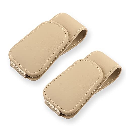 CMWWYFC 2Pcs Sunglass Holder for Car, Magnetic Leather Eyeglass Hanger Clip for Car Sun Visor, Sunglasses Holder and Ticket Card Clip for Car Visor Accessories (Beige) - Image 1