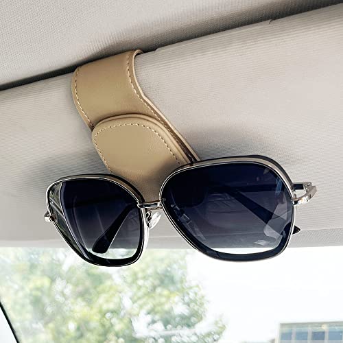 CMWWYFC 2Pcs Sunglass Holder for Car, Magnetic Leather Eyeglass Hanger Clip for Car Sun Visor, Sunglasses Holder and Ticket Card Clip for Car Visor Accessories (Beige) - Image 2