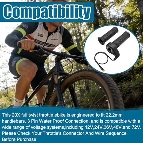 ARREPONT 20X Full Twist Throttle Grip, 3 Pin Water Proof Connection Fits Ebike 12V-72V, Electric Bike Throttle, with Waterproof Connector, Electric Bicycle, E-Scooter, Mountain Bike, Scooter - Image 5