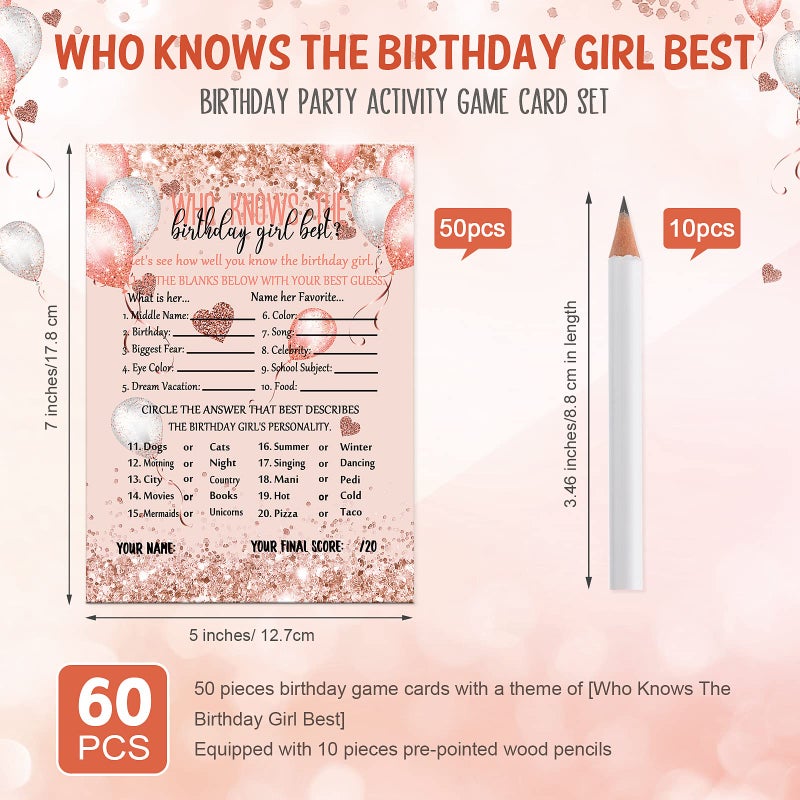 Leinuosen Who Knows The Birthday Girl Best Card 50 Pcs Birthday Party Game Set Girly Pink Rose Gold Sprinkles Themed Cards with 10 Pre Pointed Pencils for Teen Sweet Sleepover Party - Image 2