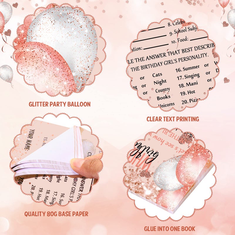 Leinuosen Who Knows The Birthday Girl Best Card 50 Pcs Birthday Party Game Set Girly Pink Rose Gold Sprinkles Themed Cards with 10 Pre Pointed Pencils for Teen Sweet Sleepover Party - Image 3