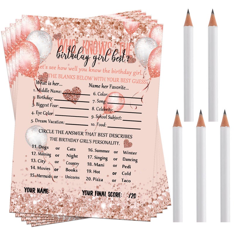 Leinuosen Who Knows The Birthday Girl Best Card 50 Pcs Birthday Party Game Set Girly Pink Rose Gold Sprinkles Themed Cards with 10 Pre Pointed Pencils for Teen Sweet Sleepover Party - Image 1