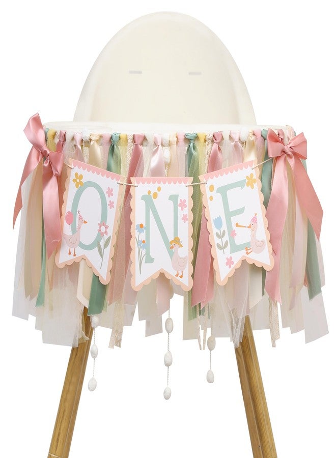 Jissoo One Happy Goose High Chair Banner - Sweet 1st Birthday Party Decorations,Colorful Highchair Garland with Bow Ribbon,Little Goose First Birthday Banner Photo Props,Fun Geese Lawn Party Supplies - Image 1