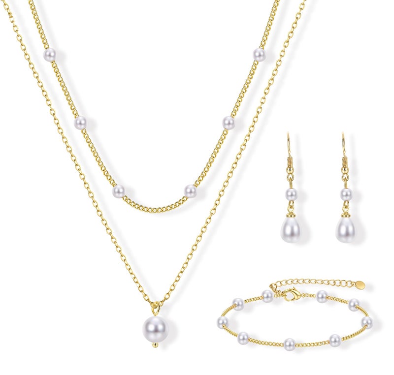 YADOCA Gold Jewelry Set for Women - 16K Gold Plated Pearl Necklace and Earring Set With Drop Earrings,Charm Layered Necklace,Adjustable Bracelets - Dainty Women's Pearl Jewelry Set For Wedding Gifts - Image 1