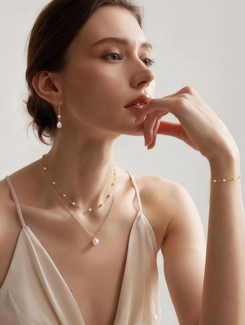 YADOCA Gold Jewelry Set for Women - 16K Gold Plated Pearl Necklace and Earring Set With Drop Earrings,Charm Layered Necklace,Adjustable Bracelets - Dainty Women's Pearl Jewelry Set For Wedding Gifts - Image 4