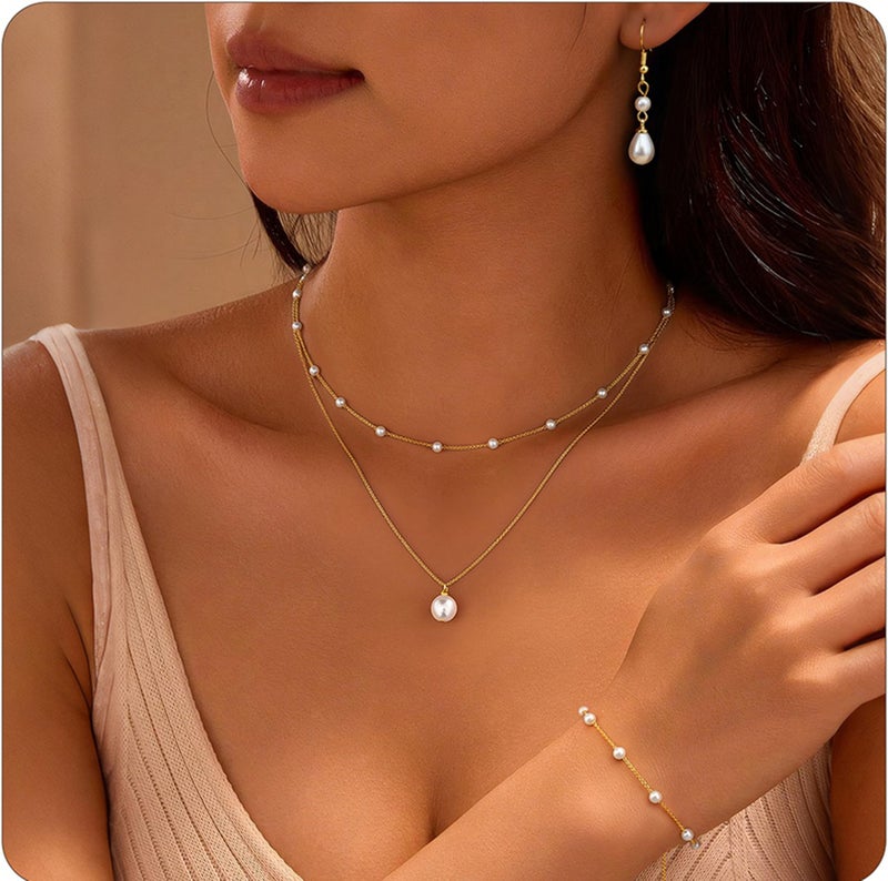 YADOCA Gold Jewelry Set for Women - 16K Gold Plated Pearl Necklace and Earring Set With Drop Earrings,Charm Layered Necklace,Adjustable Bracelets - Dainty Women's Pearl Jewelry Set For Wedding Gifts - Image 2