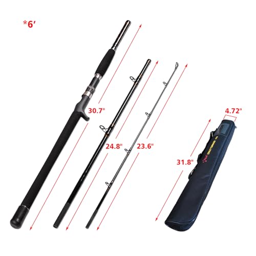 Fiblink Portable Saltwater Offshore Heavy 3-Piece Travel Graphite Baitcasting Fishing Poles Casting Boat Jigging Trolling Conventional Rods with Rod Case Bag (3-Piece 6' Heavy) - Image 2
