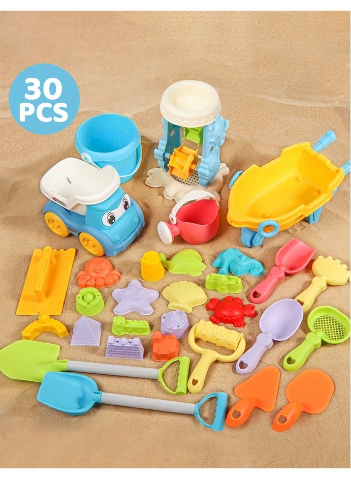 Sand 30-Pieces Beach play Toys With Mesh bag for storage,Sand cart，Rotating water wheel，Including Spoon, Kettle, Bucket, Marine animal shaping module,Mould in the shape of a castle，Shovel,Summer Outdoor Toy. Suitable for boys girls children - Image 1