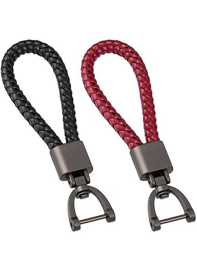 حامل مفاتيح 2 قطعة سلسلة مفاتيح جلدية مع حلقة D معدنية قوية للرجال والنساء قابلة للدوران 360 درجة مع مفك براغي أسود وأحمر عالمي - Image 1