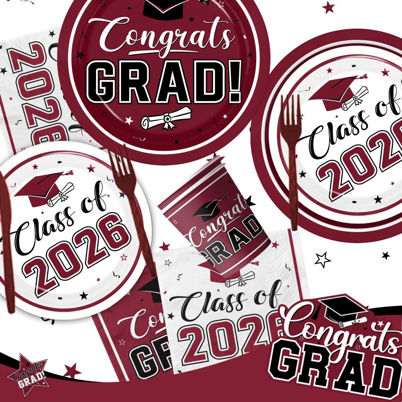 Bezkega Graduation 2026 Decorations Tableware,189pcs White Maroon Graduation Plates and Napkins Cups for Congrats Grad Class Of 2026 Party Supplies,Serves 25 (Maroon) - Image 3
