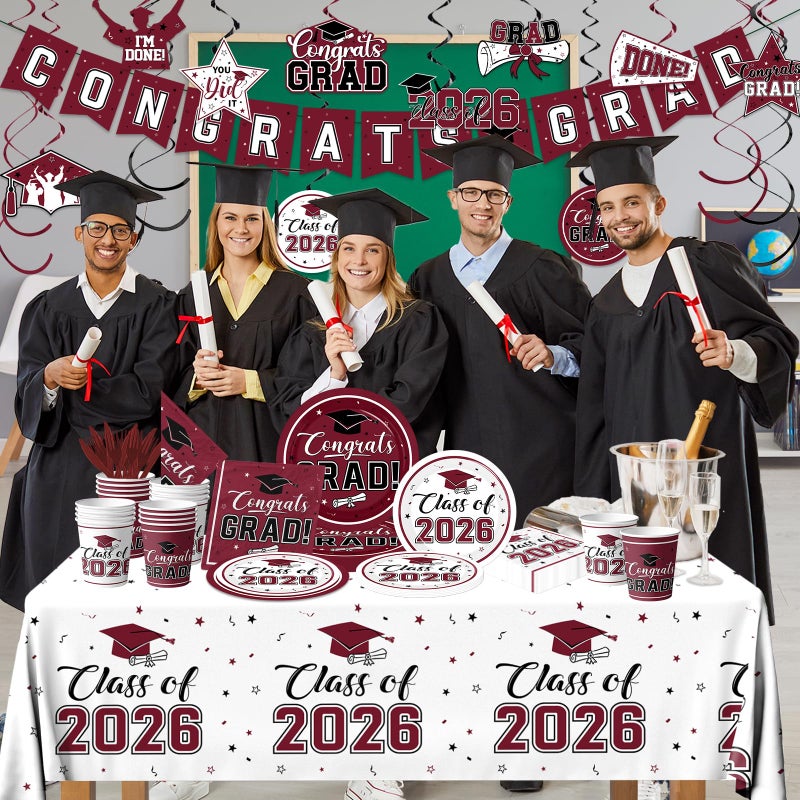 Bezkega Graduation 2026 Decorations Tableware,189pcs White Maroon Graduation Plates and Napkins Cups for Congrats Grad Class Of 2026 Party Supplies,Serves 25 (Maroon) - Image 4