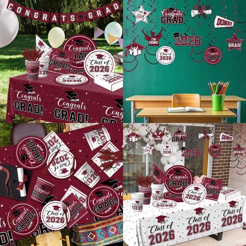 Bezkega Graduation 2026 Decorations Tableware,189pcs White Maroon Graduation Plates and Napkins Cups for Congrats Grad Class Of 2026 Party Supplies,Serves 25 (Maroon) - Image 5