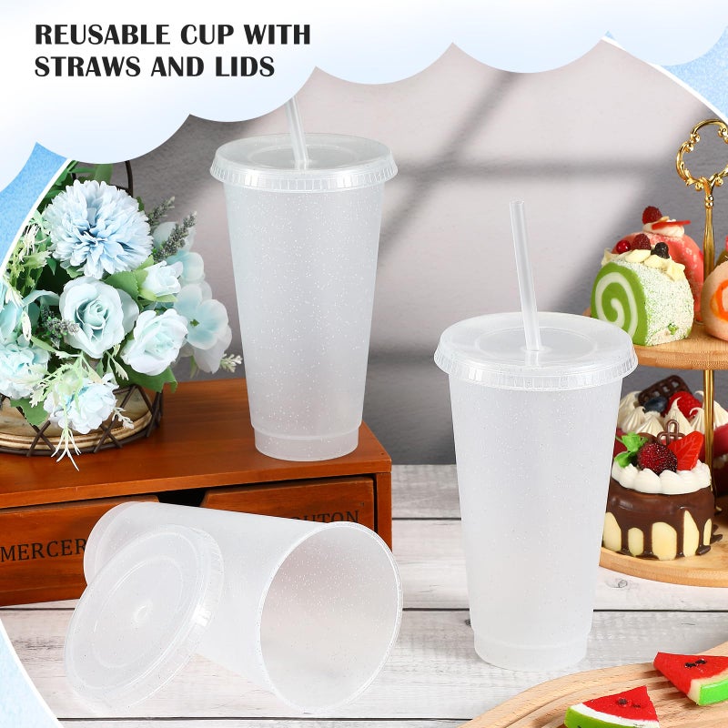 Uiifan 6 Pcs 24 oz Reusable Tumbler with Lids and Straws Plastic Iced Coffee Tumbler Glitter Travel Mug Cup for Smoothie Juices Birthday Party Cold Drink Coffee Cup Bulk for Adult Kid Women (Clear) - Image 5