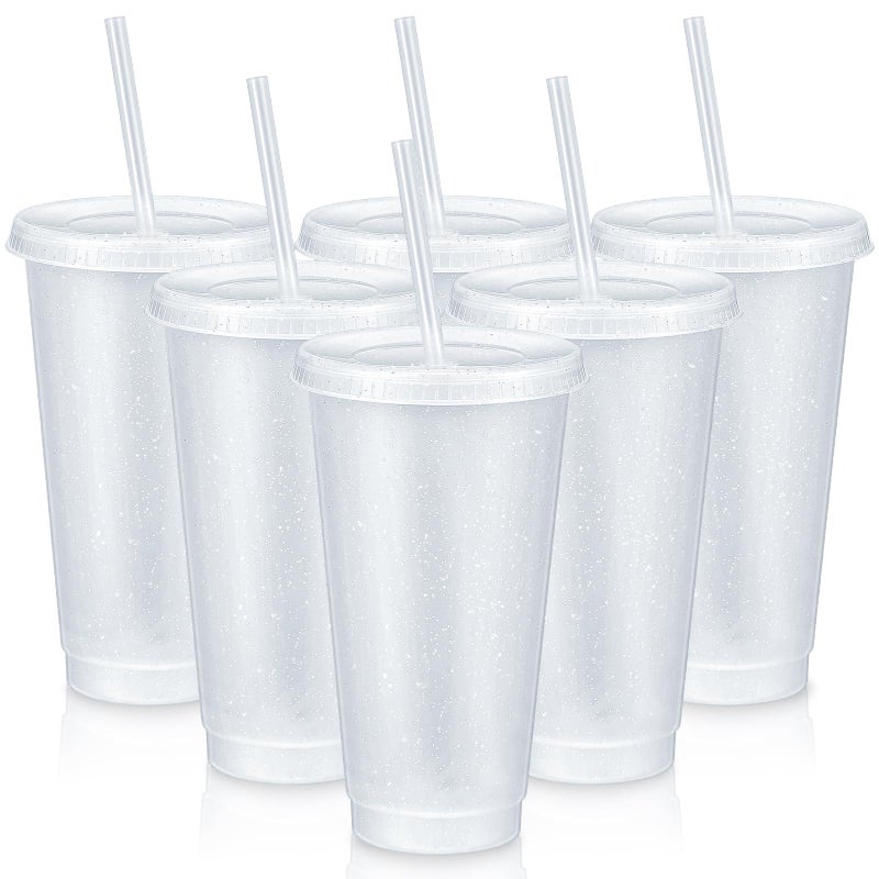 Uiifan 6 Pcs 24 oz Reusable Tumbler with Lids and Straws Plastic Iced Coffee Tumbler Glitter Travel Mug Cup for Smoothie Juices Birthday Party Cold Drink Coffee Cup Bulk for Adult Kid Women (Clear) - Image 1