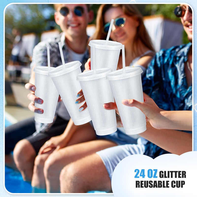 Uiifan 6 Pcs 24 oz Reusable Tumbler with Lids and Straws Plastic Iced Coffee Tumbler Glitter Travel Mug Cup for Smoothie Juices Birthday Party Cold Drink Coffee Cup Bulk for Adult Kid Women (Clear) - Image 3