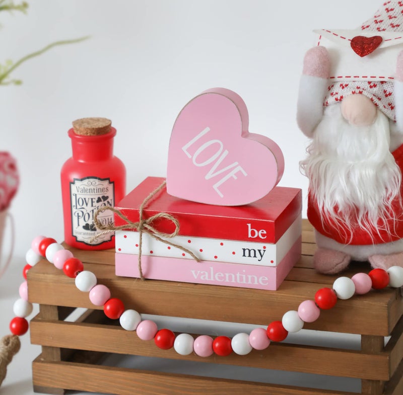 KORMMCO Valentine Tiered Tray Decor, Cute Wood Book Stack with Bead Garland for Valentine Decor, Love Be Mine Mini Faux Decorative Books Bundle, Farmhouse Valentine Decor for Table Mantle Shelves - Image 3