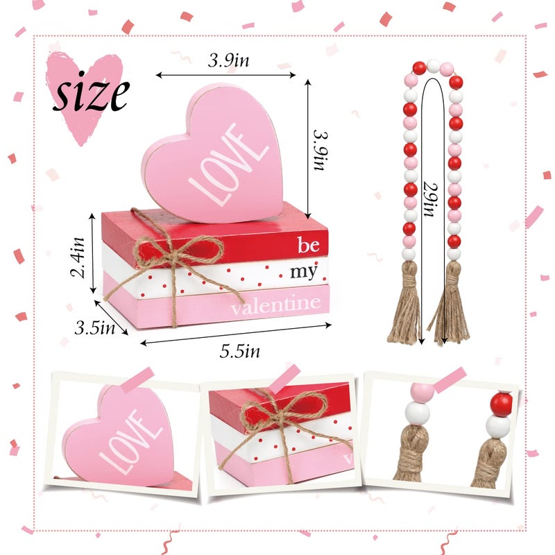 KORMMCO Valentine Tiered Tray Decor, Cute Wood Book Stack with Bead Garland for Valentine Decor, Love Be Mine Mini Faux Decorative Books Bundle, Farmhouse Valentine Decor for Table Mantle Shelves - Image 2
