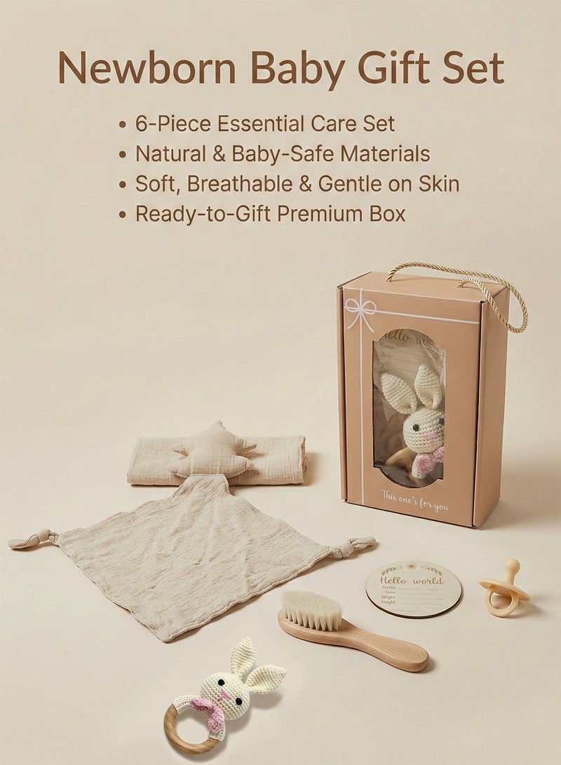YOONISPRO Newborn Baby Gift Set, 6PCS Baby Shower Gift Box with Crochet Bunny Rattle Teether, Comfort Blanket, Muslin Cloth, Wooden Brush, Pacifier & Milestone Card – Baby Boy & Girl Gift for New Moms - Image 1