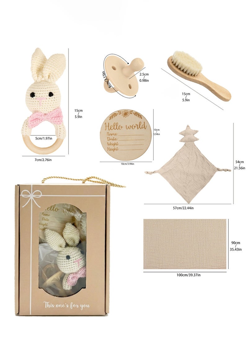 YOONISPRO Newborn Baby Gift Set, 6PCS Baby Shower Gift Box with Crochet Bunny Rattle Teether, Comfort Blanket, Muslin Cloth, Wooden Brush, Pacifier & Milestone Card – Baby Boy & Girl Gift for New Moms - Image 2