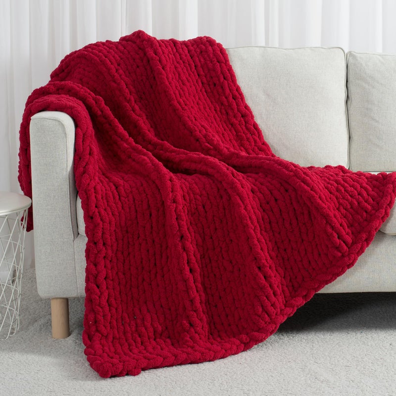 Carriediosa Carriediosa Chunky Knit Throw Blanket 60"" X 80"" Twin  100% Hand Made Large Chenille Loop Yarn Soft Fluffy Throws for Couch Sofa Bed  Big Crochet Cozy Heavy Thick Cable Woven Blanket  Red  - Image 1