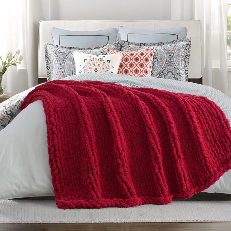 Carriediosa Carriediosa Chunky Knit Throw Blanket 60"" X 80"" Twin  100% Hand Made Large Chenille Loop Yarn Soft Fluffy Throws for Couch Sofa Bed  Big Crochet Cozy Heavy Thick Cable Woven Blanket  Red  - Image 2