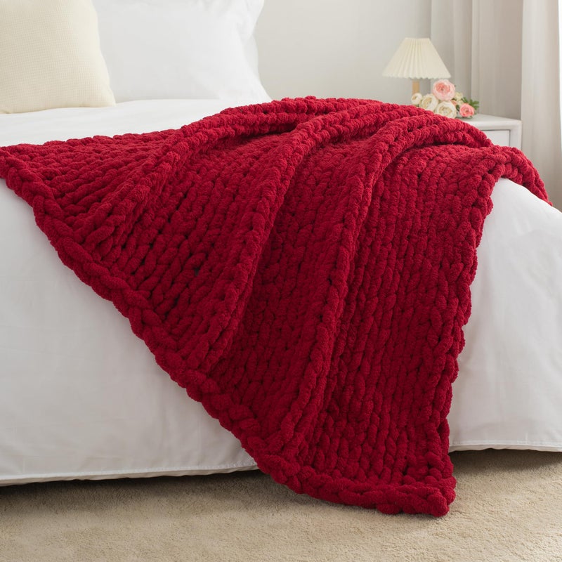 Carriediosa Carriediosa Chunky Knit Throw Blanket 60"" X 80"" Twin  100% Hand Made Large Chenille Loop Yarn Soft Fluffy Throws for Couch Sofa Bed  Big Crochet Cozy Heavy Thick Cable Woven Blanket  Red  - Image 5