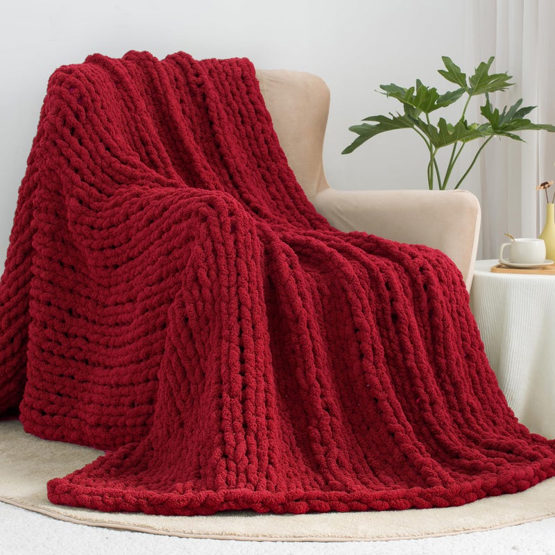 Carriediosa Carriediosa Chunky Knit Throw Blanket 60"" X 80"" Twin  100% Hand Made Large Chenille Loop Yarn Soft Fluffy Throws for Couch Sofa Bed  Big Crochet Cozy Heavy Thick Cable Woven Blanket  Red  - Image 4