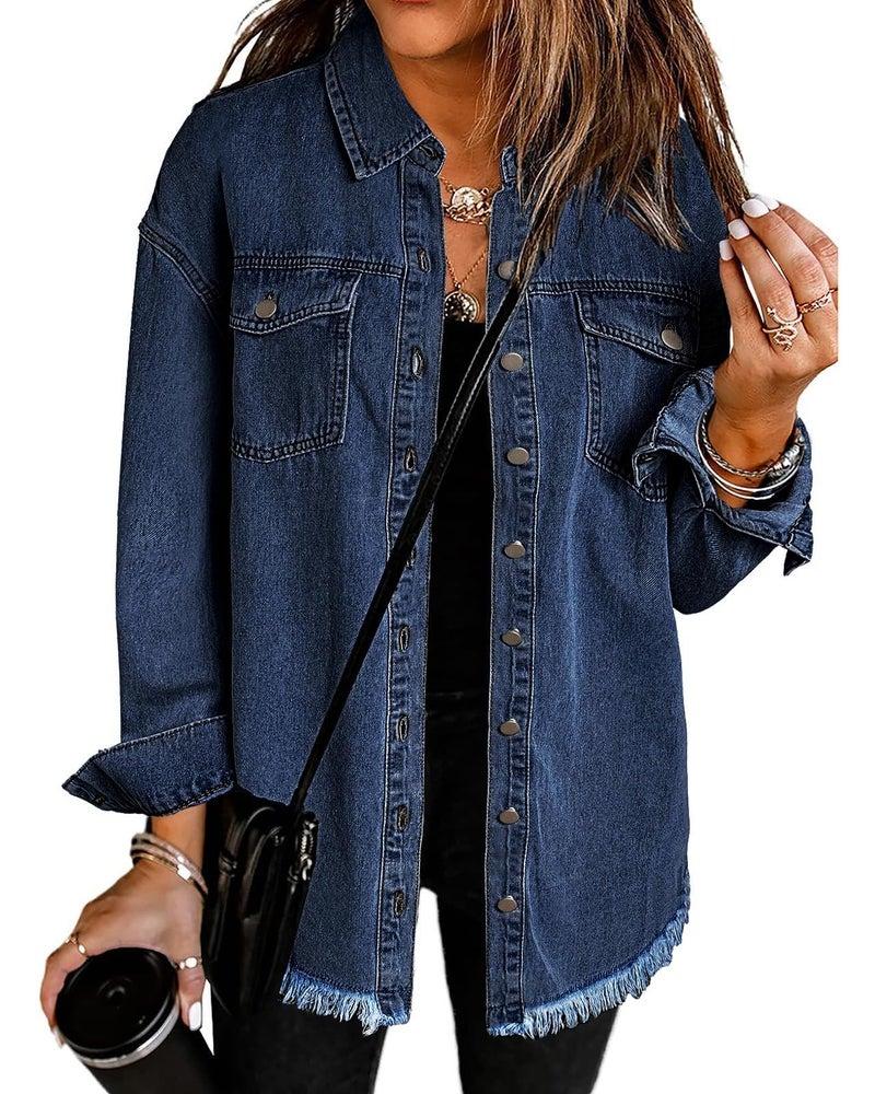 Vetinee Womens Oversized Boyfriend Dark Blue Front Button Up Frayed Raw Hem Long Sleeve Pockets Denim Jean Jacket Shacket Medium Size 8 Size 10