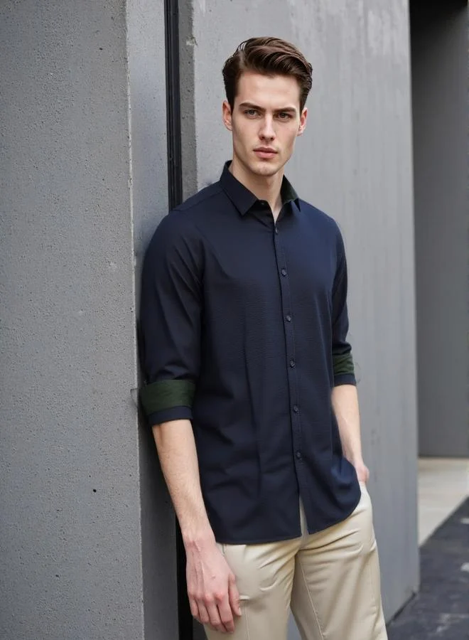 Dennis Lingo Men's Navy Cotton Blend Solid Button Down Regular Fit Shirt