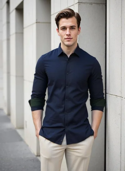 Dennis Lingo Men's Navy Cotton Blend Solid Button Down Regular Fit Shirt