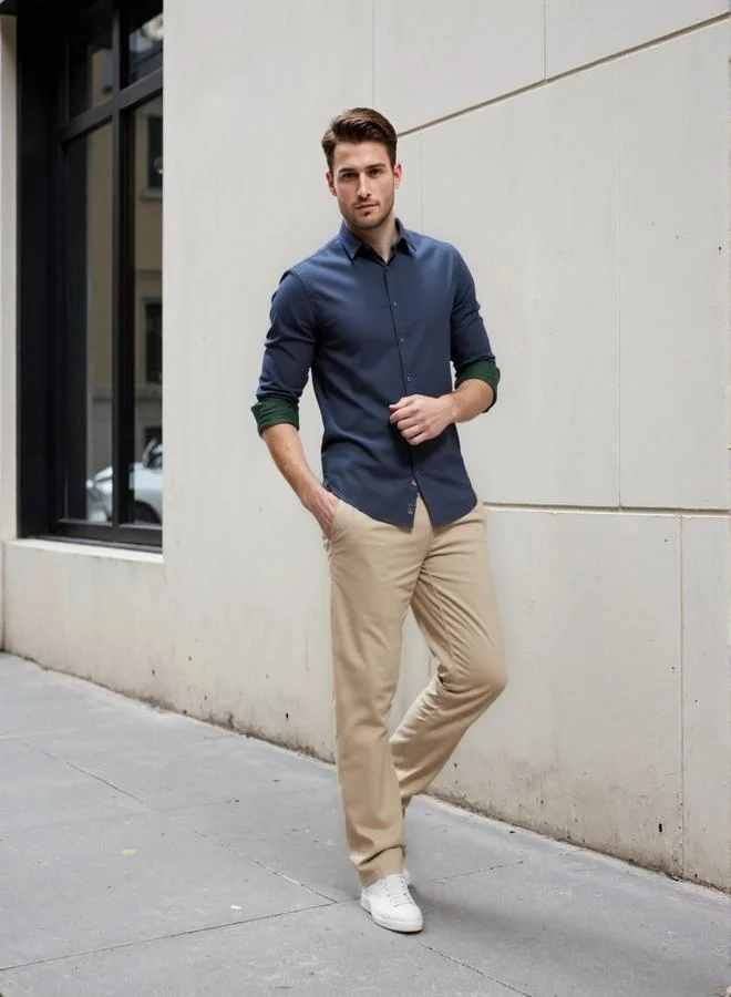 Dennis Lingo Men's Navy Cotton Blend Solid Button Down Regular Fit Shirt