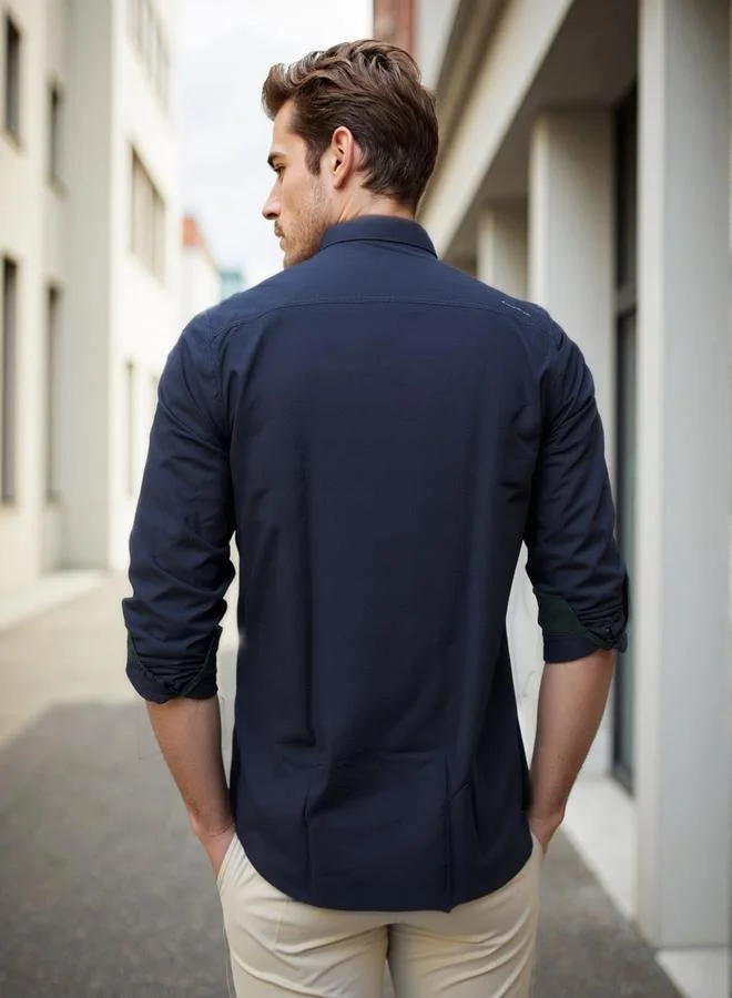 Dennis Lingo Men's Navy Cotton Blend Solid Button Down Regular Fit Shirt