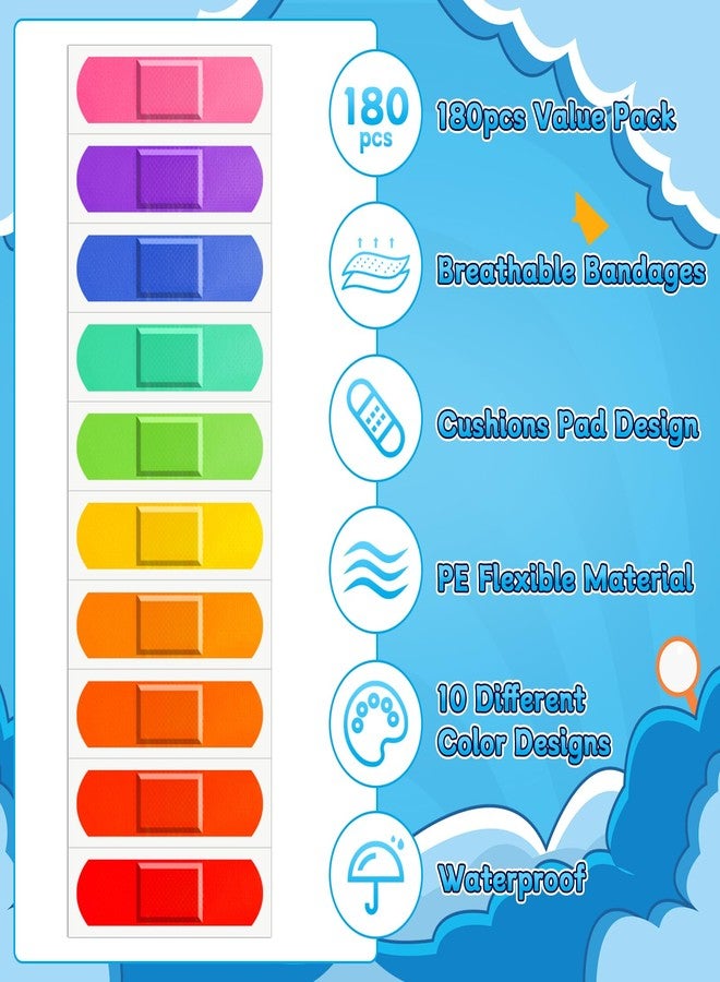 180Pcs Kids Bandages Bulk, Children's Colorful Flexible Adhesive Bandages 10 Colors Neon Waterproof Breathable Strip Protect Cuts and Scrapes for Children Toddlers, 2.83'' x 0.75'' - Image 3