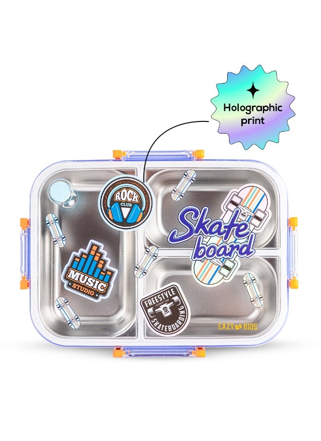 Eazy Kids Eazy Kids 3 Compartment 800ml Stainless Steel bento Lunch Box w/ Water Bottle - Skate Board Purple  - Image 2
