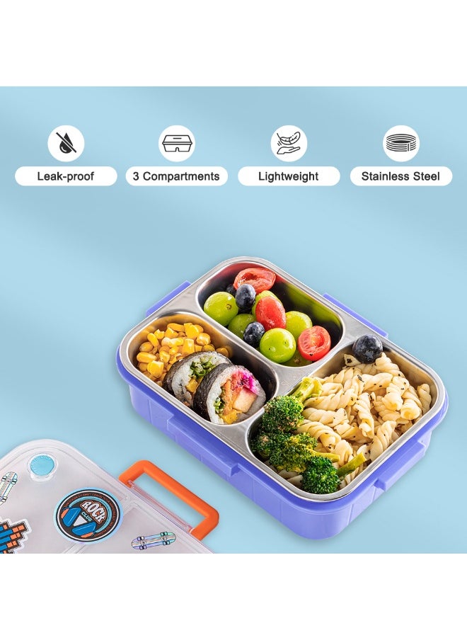 Eazy Kids Eazy Kids 3 Compartment 800ml Stainless Steel bento Lunch Box w/ Water Bottle - Skate Board Purple  - Image 5