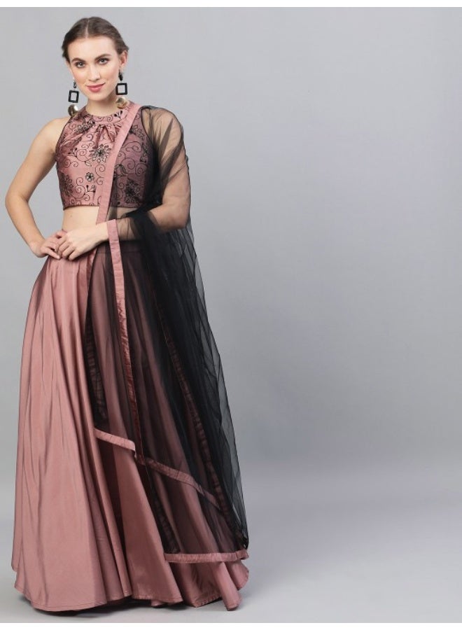 AKS Mauve Flock Print Lehenga Choli With Dupatta - Image 1
