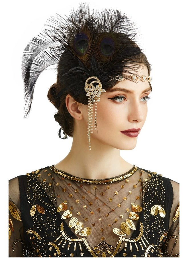 BABEYOND 1920S Flapper Headpiece Headband Art Deco Roaring 20S Great Gatsby Feather Headband 1920S Flapper Gatsby Accessories (Black)  - Image 1