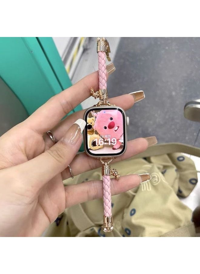 Generic - Homemade Leather Diamond Plaid Strap Suitable For Applewatch9 For Apple Iwatch876SE Thin Woven Leather Rope-颜色:【仅带子】黑菱格-38/40/41mm通用【没卖手表 - Image 1