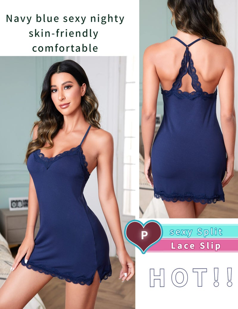 Avidlove Womens Chemise Nightgown Sleepwear Lounge Dress Navy Blue L - Image 4