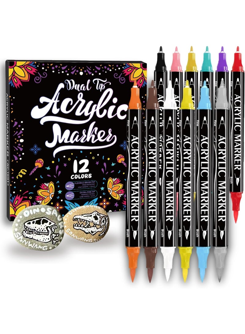 TERRIFI 12 Colors Double Tip Acrylic Paint Pens, Versatile Markers for Wood, Rock, Canvas, Stone, Glass, and Ceramic, Perfect for DIY Crafts and Artistic Projects - Image 1