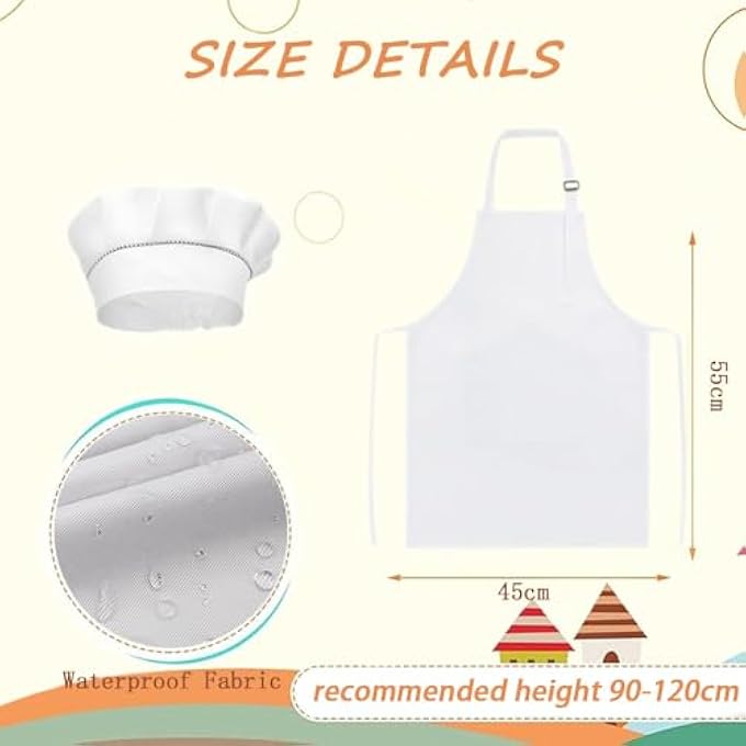 Masroo Kids Apron and Hat Set, Art Smock with Pocket for Children, Children Chef Apron for Cooking Baking Painting - Image 2